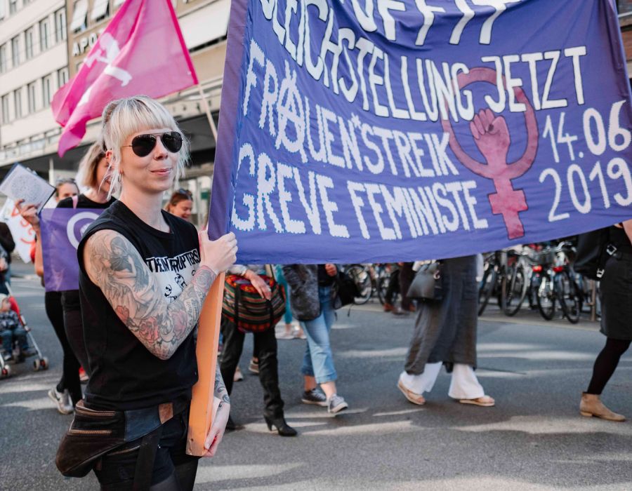 Des femmes mobilisées lors du cortège du 1er Mai 2019 à Bienne.