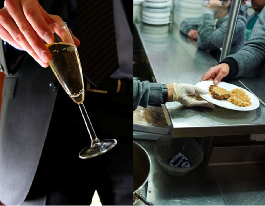A gauche du champagne. A droite un repas au secours populaire.