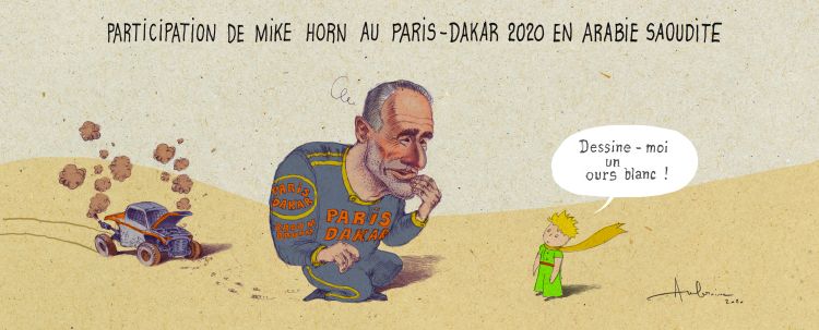 Participation de Mike Horn au Paris-Dakar 2020 en Arabie Saoudite. Mike Horn, voiture à l'arrêt en panne au milieu du désert, face à lui le Petit Prince lui dit: "Dessine-moi un ours blanc!"