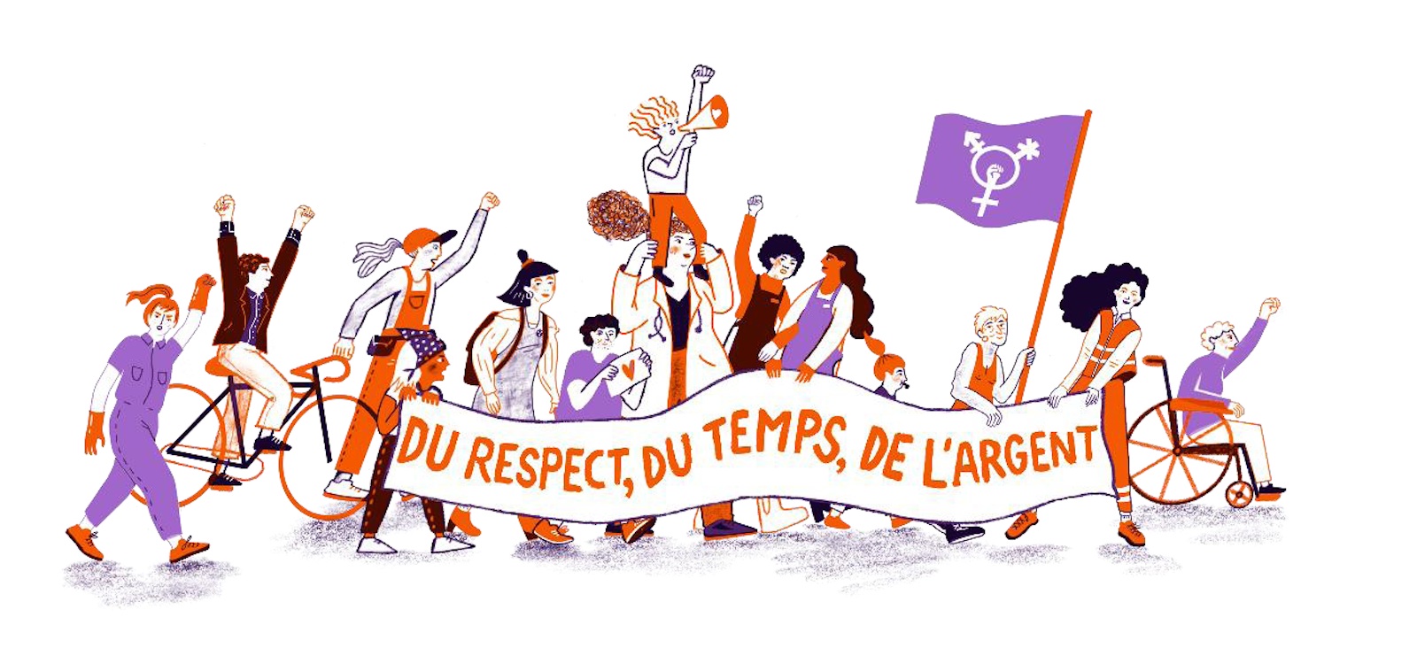 Dessin de la Grève féministe avec le slogan "du respect, du temps, de l'argent".