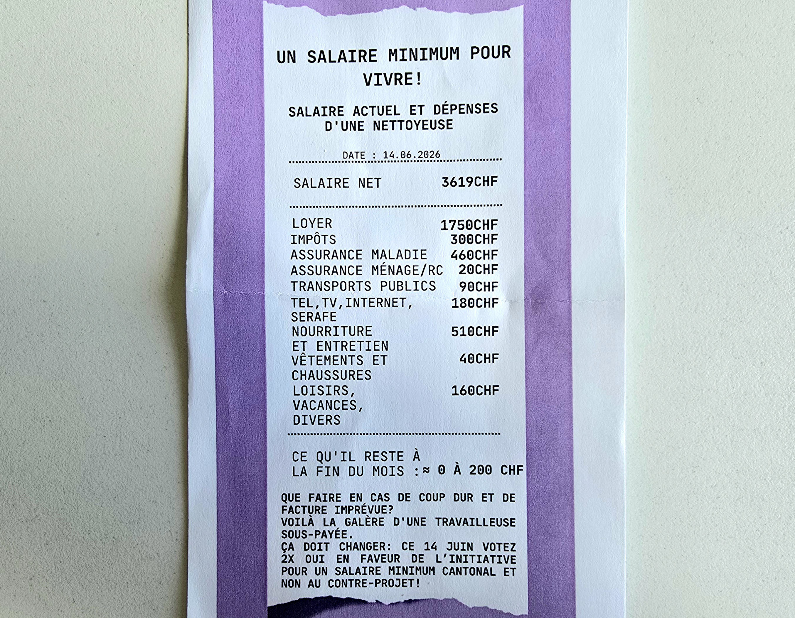 Le ticket de caisse distribuÃ© par le collectif montre combien il est difficile de boucler les fins de mois lorsqu'on touche moins de 23,60 francs par heure.