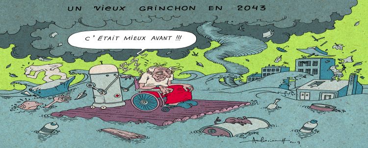 Au milieu d'un apocalypse climatique, un vieillard dans un fauteuil roulant sur un radeau s'écrie: "C'était mieux avant!!!"